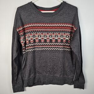 Cuddl Duds Women's Charcoal and Crimson Fair Isle Crewneck Long Sleeve Sweater S